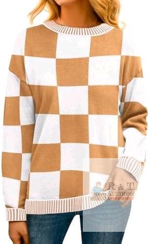 New Size MED Women's PrinStory Long Sleeve Checkered Sweater Loose Knitted Round Neck Side Split Pullover