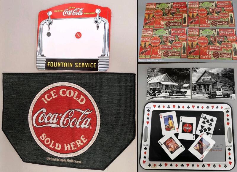 Coca-Cola Collectibles Lot &ndash; Trays, Reversible Placemats, Rug, Metal Fountain Sign, Wall Art