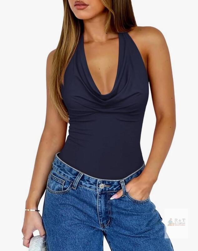REORIA Navy Blue Halter Neck Cowl Bodysuit, Size Small, Polyester-Spandex, Snap Closure, New with Tags