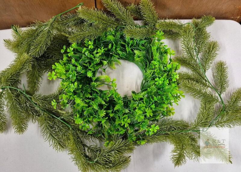 NEW Artificial Pine Garland and 18" Leafy Green Wreath Set, Plastic, Flexible, 6 ft Garland Length