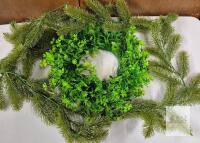 NEW Artificial Pine Garland and 18" Leafy Green Wreath Set, Plastic, Flexible, 6 ft Garland Length