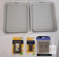 MIX NEW LOT Amerelle Double Toggle Brushed Nickel Wall Plate, Leviton Renu Face Plates, 2 Navaris Gray Utility Trays