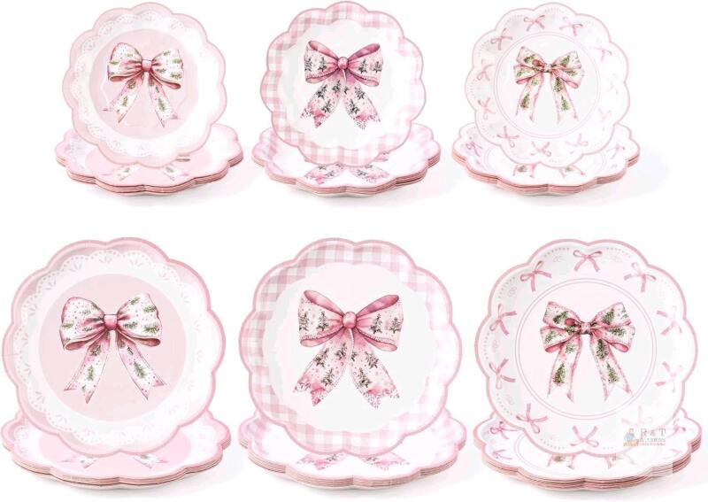 New R HORSE 60 Pack Pink Bows & Evergreen Trees Ultra Cute Disposable Paper Plates - 9&rdquo; and 7&rdquo;