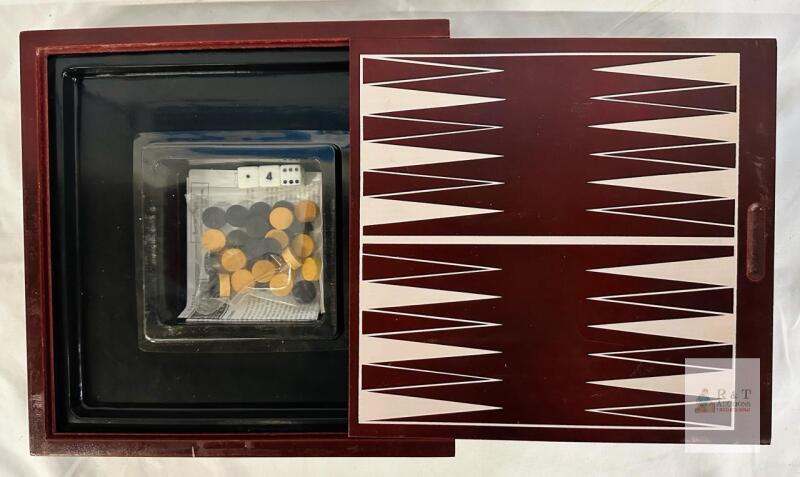Classic Wooden Backgammon Set, 15" Portable Folding Board, 30 Wood Checkers, 3 Dice, Sliding Lid