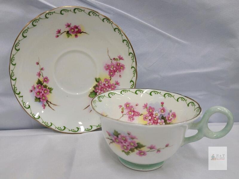 Shelley Fine Bone China Teacup & Saucer Blossom Time England Pink Cherry Blossom Floral Gold Trim