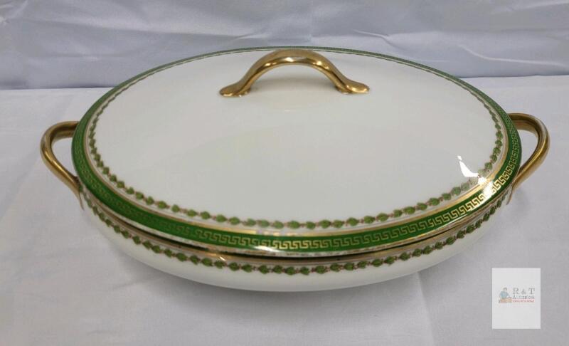 Limoges France L.R.L. Porcelain Covered Serving Dish, Greek Key & Gold Trim, 12in Handles
