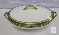 Limoges France L.R.L. Porcelain Covered Serving Dish, Greek Key & Gold Trim, 12in Handles