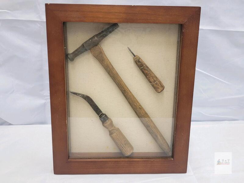 Framed Vintage Hand Tool Set &ndash; Hammer, Awl, Carving Tool Display, ca. 1920s&ndash;1950s, 10"x12"