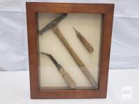 Framed Vintage Hand Tool Set &ndash; Hammer, Awl, Carving Tool Display, ca. 1920s&ndash;1950s, 10"x12"
