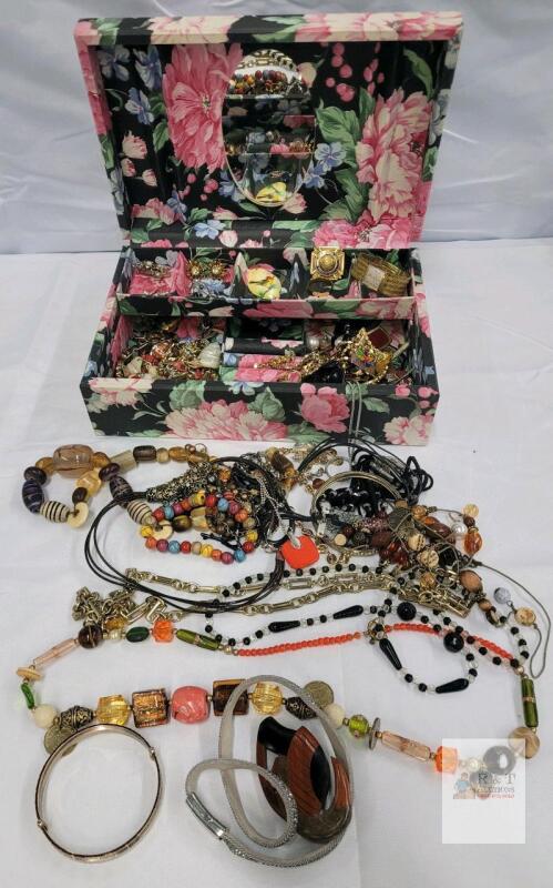 Mixed Lot of 30+ Costume Jewelry Pieces with Floral Hinged Jewelry Box, Includes Caravelle Watch