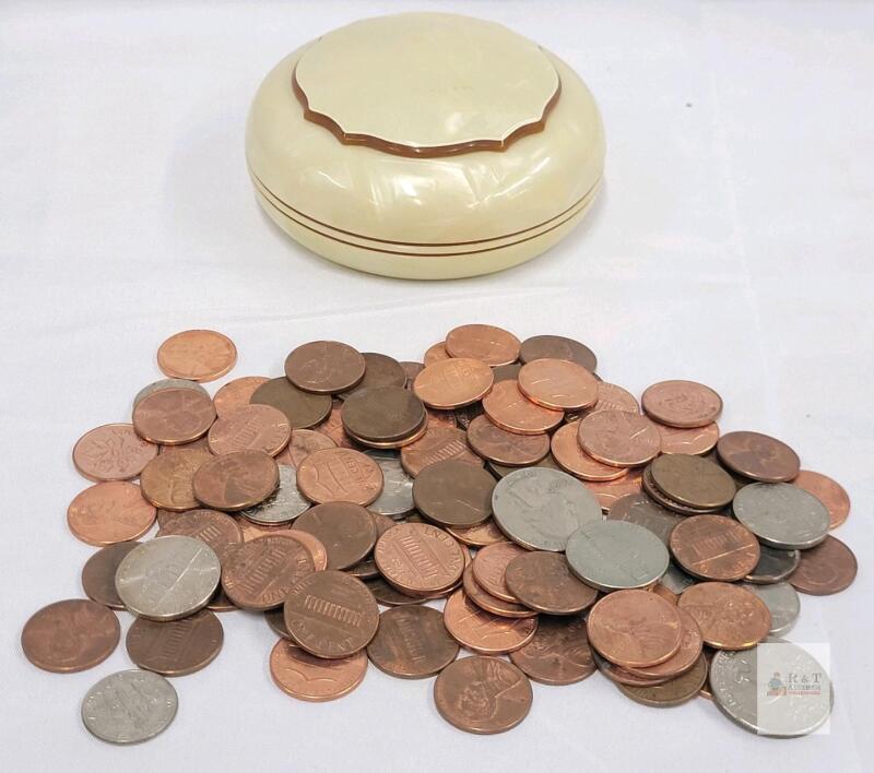 Vintage Ivors Pearl-Tone Round Trinket Box, Cream/Brown, 4.5" x 2", w/ Mixed Coins