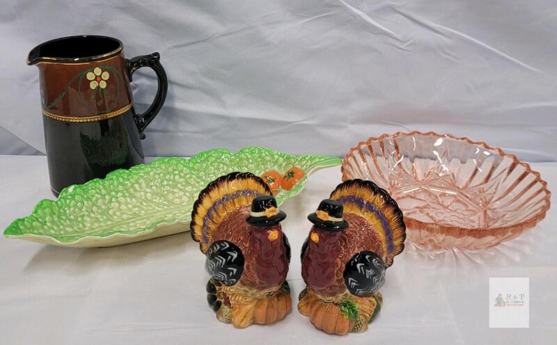 Vintage Mixed Tableware Lot: Pink Depression Glass Bowl, Floral Pitcher, Turkey Shakers, Leaf Dish