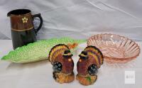 Vintage Mixed Tableware Lot: Pink Depression Glass Bowl, Floral Pitcher, Turkey Shakers, Leaf Dish