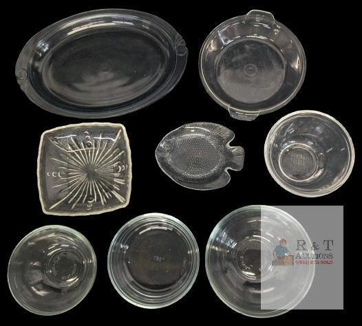 Vintage Pyrex 812 Oval 12.75" Blue-Tinted Clear Glass Oven Broiler Baking Dish Platter, Pyrex 7401 3-Cup Bowl & 683-C Clear Lid For Round Casserole Dish, Art Deco Square Glass Serving Bowl, Arcoroc France Fish Plate & 3 Glass Bowls Marked Heat Resistant 