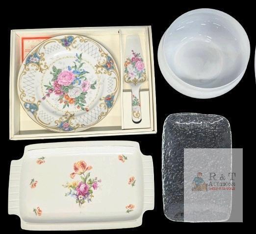 Mid Century German Democratic Republic Floral Porcelain Rectangle Serving Platters With Handles 14.2" &times; 8.5" , White Opal Glass Bowl 8.2" &times; 3.75" Tall, Ice-Style Glass Dumpling Tray 10.5" Long & Andrea by Sadek 10.5" Cake Plate & Matching Server "Amore" 
