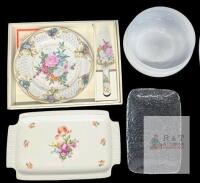 Mid Century German Democratic Republic Floral Porcelain Rectangle Serving Platters With Handles 14.2" &times; 8.5" , White Opal Glass Bowl 8.2" &times; 3.75" Tall, Ice-Style Glass Dumpling Tray 10.5" Long & Andrea by Sadek 10.5" Cake Plate & Matching Server "Amore" 