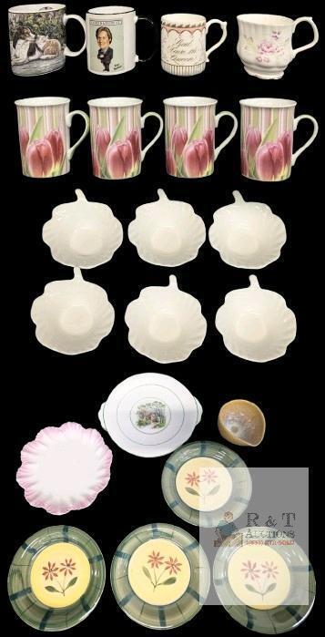 Porcelain & Ceramics : Coffee Mugs, 6pc Small Snack Bowls, 6 Assorted Plates Up To 8.8" & Signed Wizard Clay Earthenware Pinch/Pour Pot
