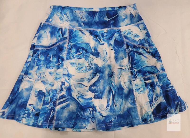 Large Blue Abstract Athletic Skort with Built-In Shorts, Polyester-Spandex, Pockets,