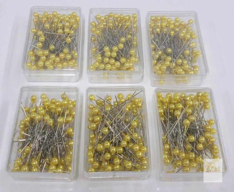 600 Pearlized Head Sewing Pins 1.5" Nickel-Plated, Light Yellow, 6 Boxes,