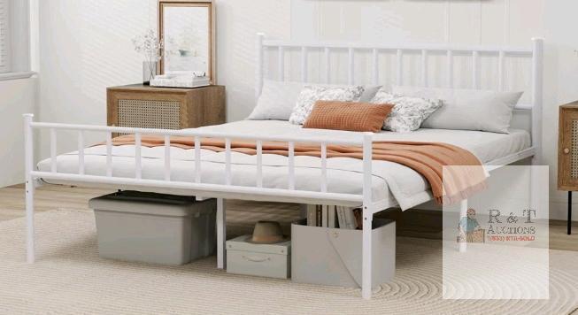 New - Metal Platform King Bed Frame w/Headboard Sturdy Steel Slats Support , White
