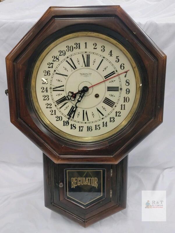 Vintage New England Clock Company "Short Drop" Regulator Clock w/Key . Does Chime, will need Servicing