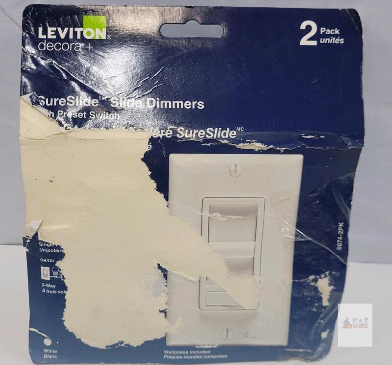Leviton 6672-2PK Decora SureSlide 600W 3-Way/Single Pole Dimmer Switches, White, Wallplates Incl. (2-Pack)