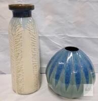 Decorative Ceramic Vase Pair &ndash; 15.5" Cream Feather Motif & 8" Blue Green Globe Shape