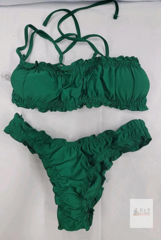 Green Ruched Bikini Set, Size Small, Polyamide/Elastane, Strappy Bandeau Top