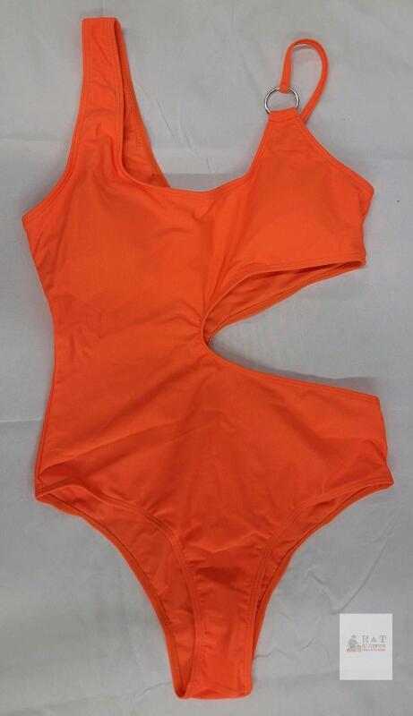 Orange Cutout One Shoulder One-Piece Swimsuit, Size Medium, Asymmetric Metal Ring Detail