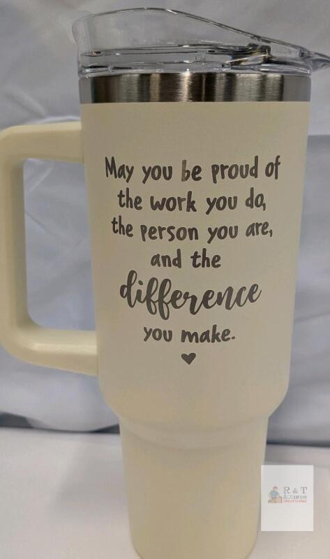 NEW Insulated Travel Tumbler with Handle, Cream Color, Motivational Quote