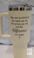 NEW Insulated Travel Tumbler with Handle, Cream Color, Motivational Quote