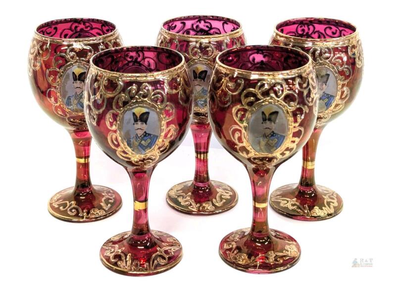 Antique Set OF 5 Persian Ruby Flash Glass Goblets With Applied Gilt & Floral Designs, Nasser Al Din Portraiture - 6.3" Tall