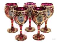 Antique Set OF 5 Persian Ruby Flash Glass Goblets With Applied Gilt & Floral Designs, Nasser Al Din Portraiture - 6.3" Tall