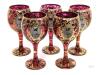 Antique Set OF 5 Persian Ruby Flash Glass Goblets With Applied Gilt & Floral Designs, Nasser Al Din Portraiture - 6.3" Tall