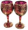 Antique Set OF 5 Persian Ruby Flash Glass Goblets With Applied Gilt & Floral Designs, Nasser Al Din Portraiture - 6.3" Tall - 6
