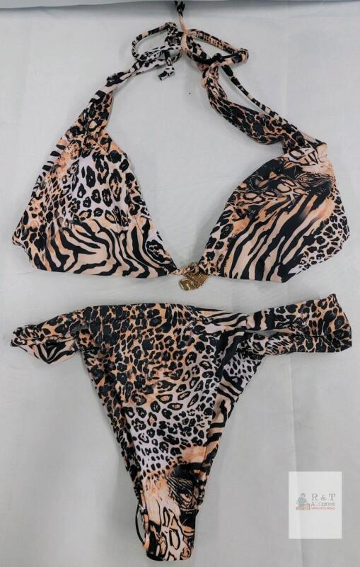 Women's XS Animal Print Bikini &ndash; Triangle Halter Top, Side-Tie Bottoms