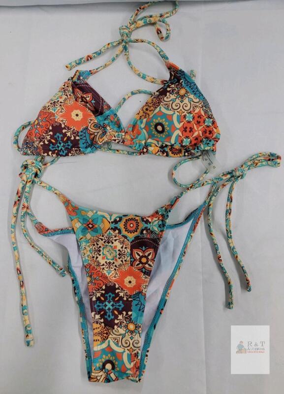 XS Multicolor Boho Floral Tile Bikini Set, 82% Polyester 18% Elastane, Tie String,