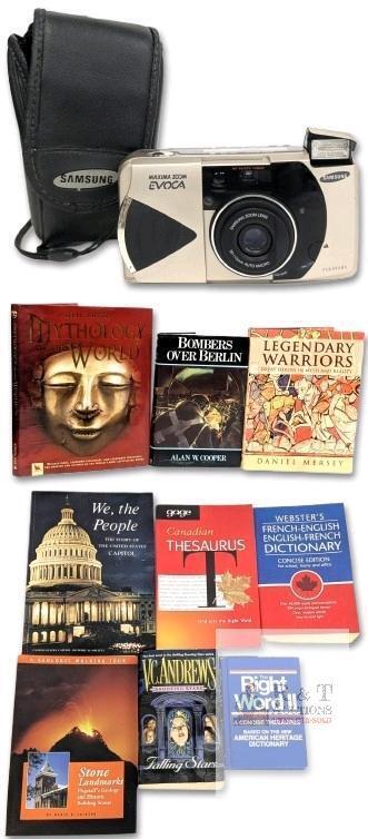 Assorted Books Hardcover & Paperback, Mostly Non-Fiction & Samsung Maxima Zoom EVOCA 38-115mm Auto Macro AF Panorama Film Camera With Case (Tested For Power)