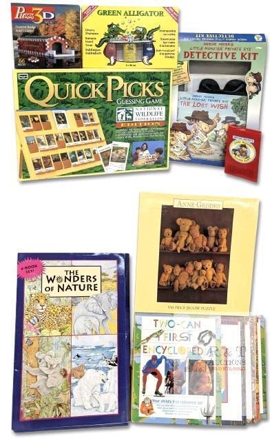 Vintage Kids : Sealed Anne Geddings 550pc Puzzle, Puzz3D Mini 66pc Covered Bridge Puzzle, Quick Picks Guessing Game, Two-Can First Encyclopedia 4pc Hardcover Book Set, Mercer Meyers Little Monster Private Eye Detective Kit, The Wonders of Nature 4pc Overs