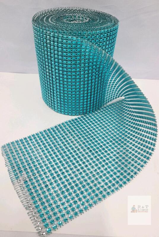 Diamond Rhinestone Ribbon Roll, 24 Row, 10 Yards, Aqua Blue, Mesh Trim, 5.7 Inch Width