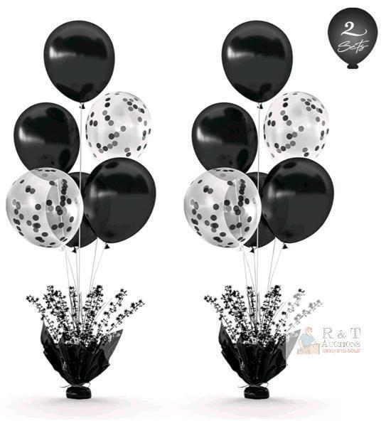 2-Set Black & Confetti Balloon Table Decorations, 12" Latex Balloons, Foil Weights, TB191302