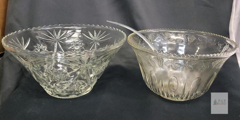 Vintage Pressed Glass Punch Bowls, Starburst and Grape Patterns, 13.5" Diameter, Set of 2