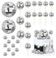 28 PCS PROCAN Disco Ball Cake Toppers, Multi-Size Silver Mirror Set, Model 24YY-LL009