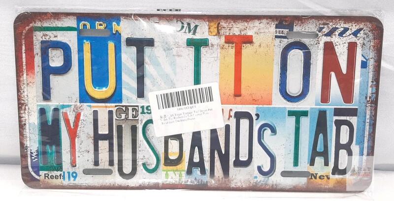 Put It On My Husband's Tab Vintage Style Novelty Tin Sign 12"x6" Multi-Color License Plate Design