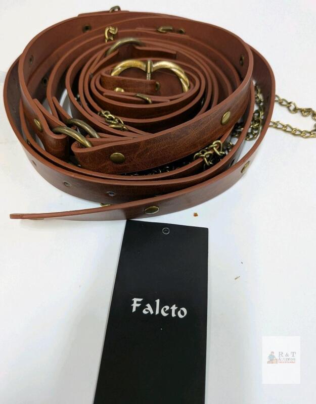 Faleto Medieval DIY Faux Leather Metal Chain Belt, Brown, PU Leather, Brass-Tone Buckle