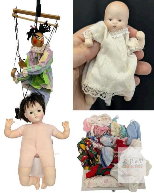 Vintage 1973 Nylon Alexander Doll With Sleepy Eyes 19", Miniature 4.25" Bisque & Cloth Jointed Doll With Dress & Diaper, 28" Long Handmade Clown Marionette, Assorted Doll & Baby Clothes in Various Sizes
