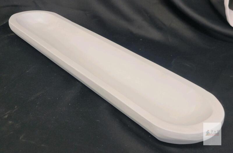 Long Hand-Carved White Decorative Dough Bowl, 27.5" (70 cm) Wood Centerpiece, Faceted Design