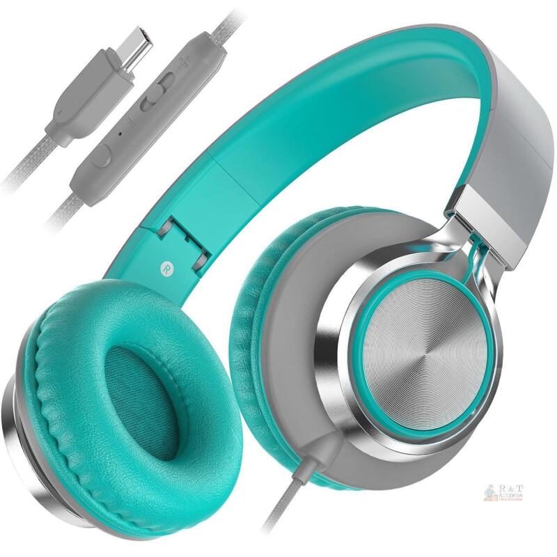 Over-Ear Headphones Wired USB-C, In-Line Remote Mic, Turquoise/Gray, Padded Faux Leather Earpads