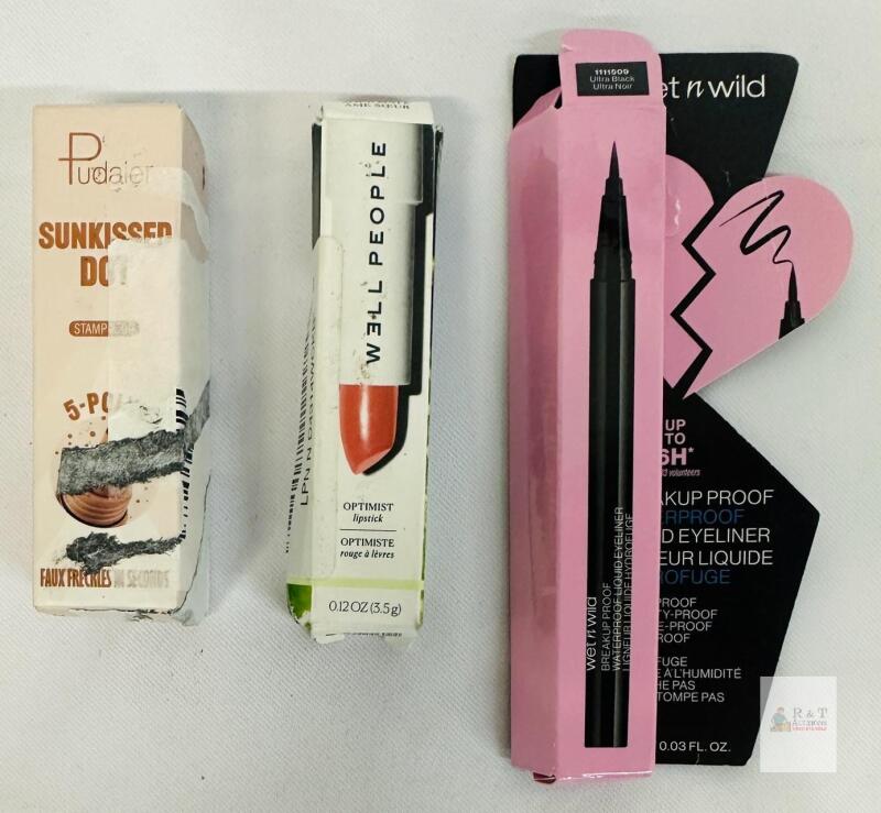 Wet n Wild Ultra Black 16H Waterproof Eyeliner, Well People Optimist Lipstick, Pudaier Freckles Set