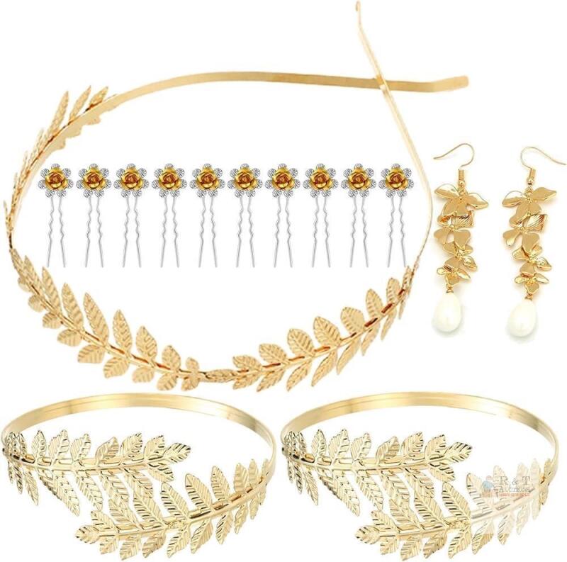 Elegant Gold-tone Leaf Bridal Jewelry & Hair Accessories Set with Headband, Bracelets, Earrings, and Hair Pins